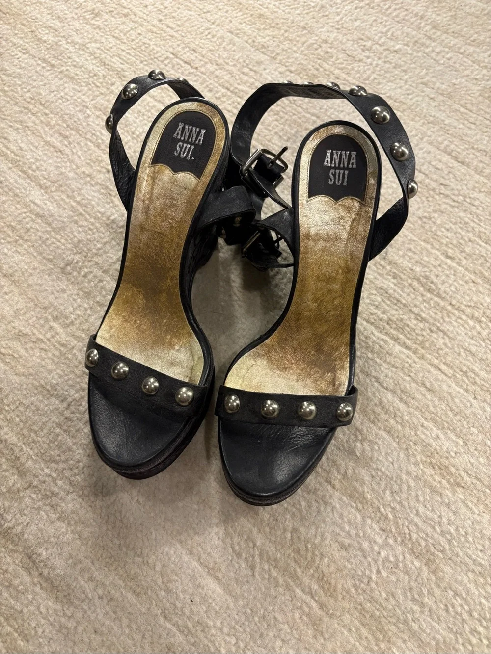 anna sui rare Black Studded Ankle-Strap Wedge Sandals heels